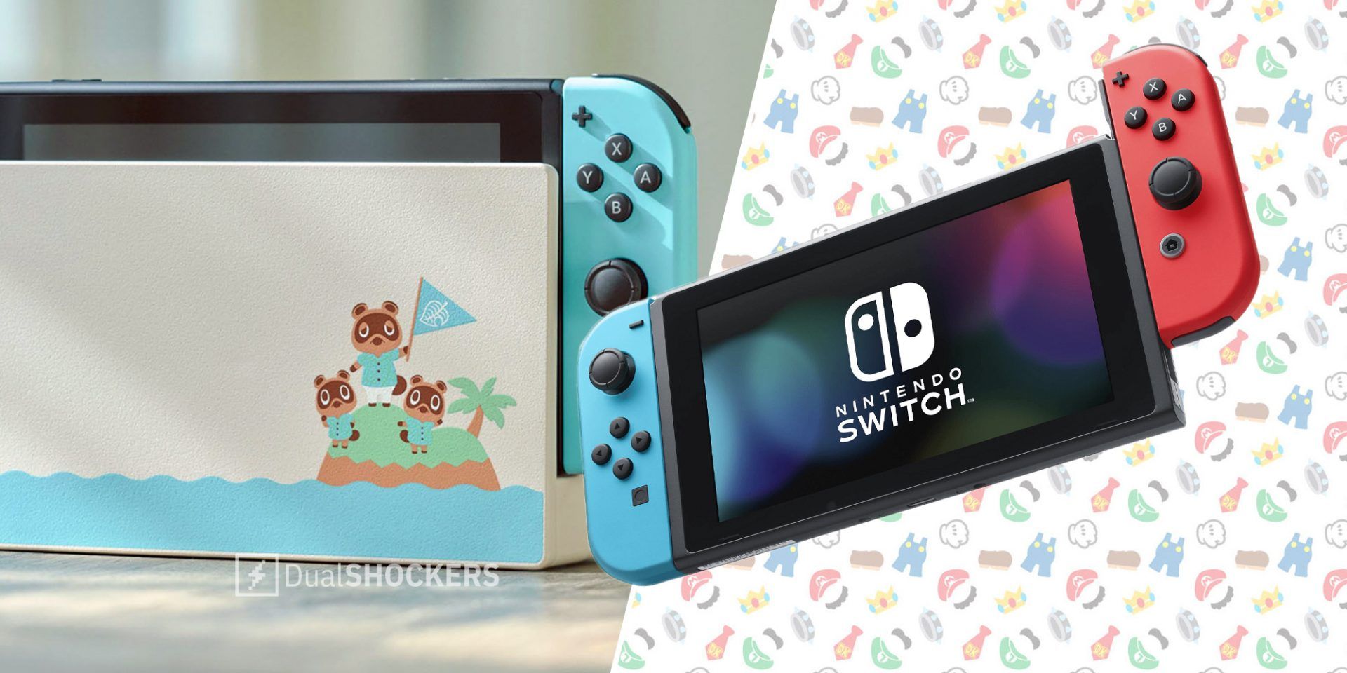 Nintendo Switch Animal Crossing special edition on left, Nintendo Switch with red and blue joycon on right