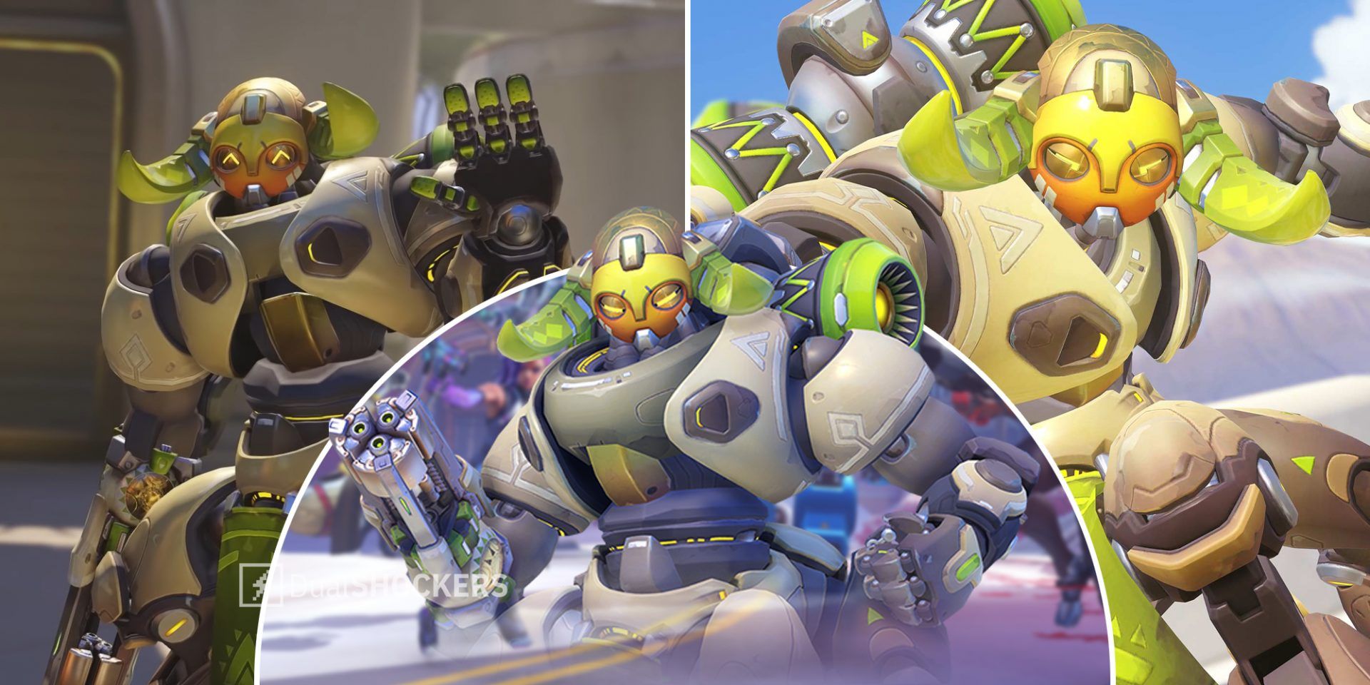 Overwatch Orisa waving on left, Orisa promo image in middle, Orisa attacking on right