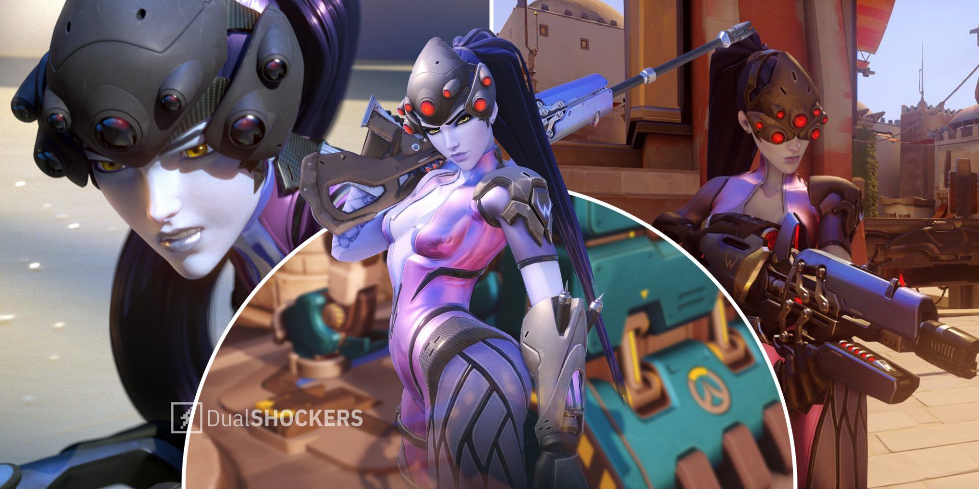 Overwatch 2 Widowmaker on left, Widowmaker with sniper rifle in middle, Widowmaker with goggles on right