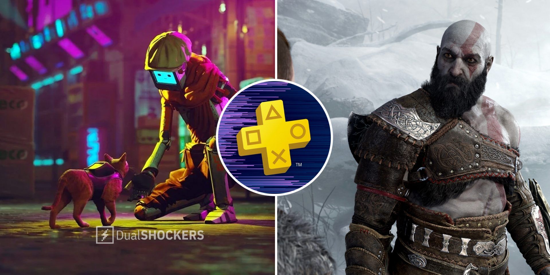 Stray game on left, PS Plus logo in middle, God of War Ragnarok on right