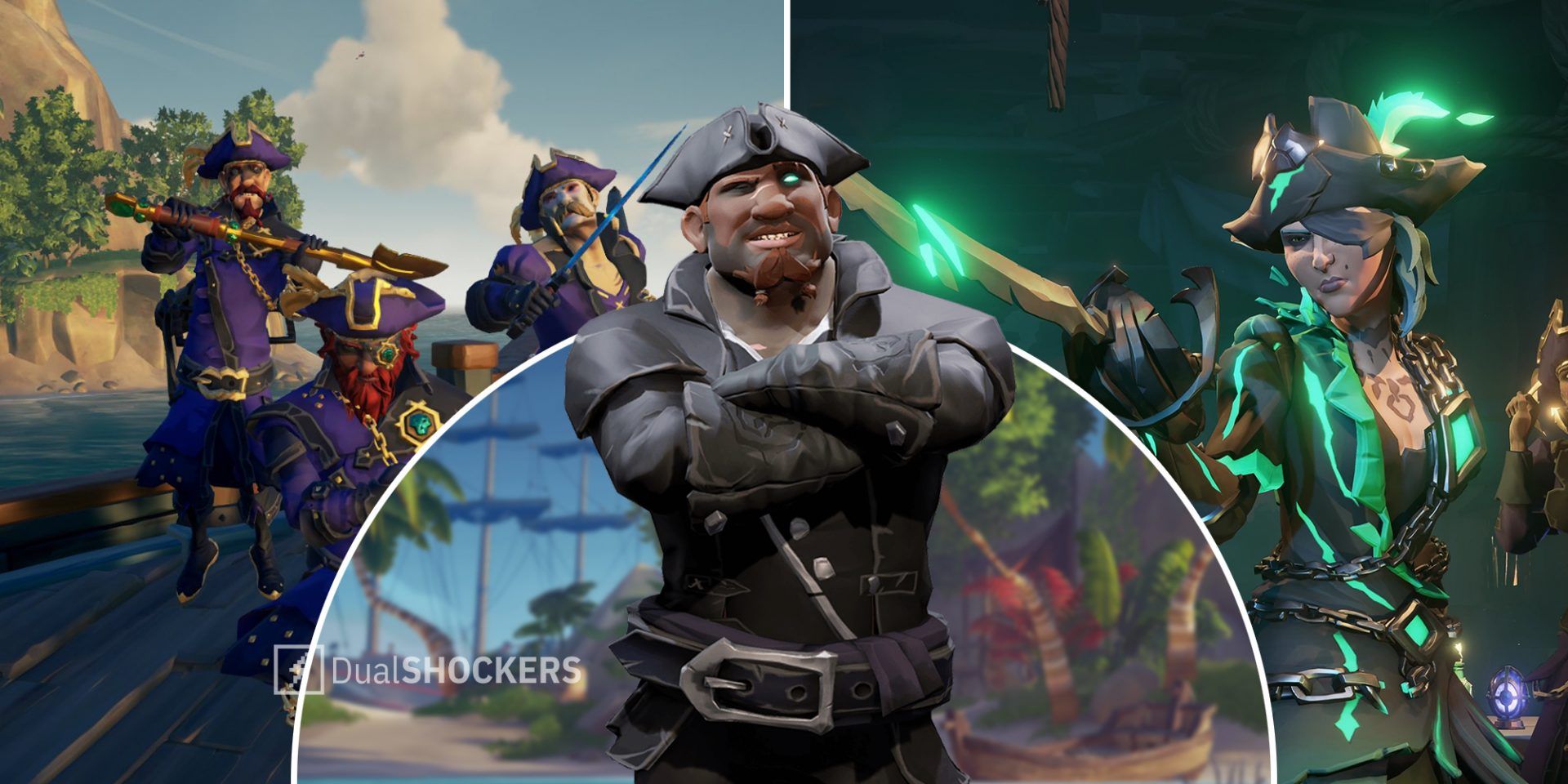Sea of Thieves players with legendary set outfits on left, Mysterious Stranger in middle, pirate on right