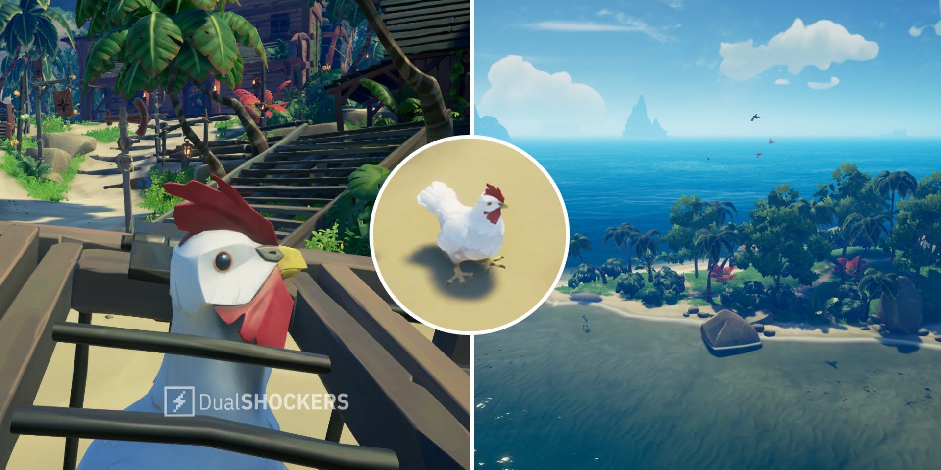 Sea of Thieves chicken in cage on right, chicken in middle, Chicken Isle on right