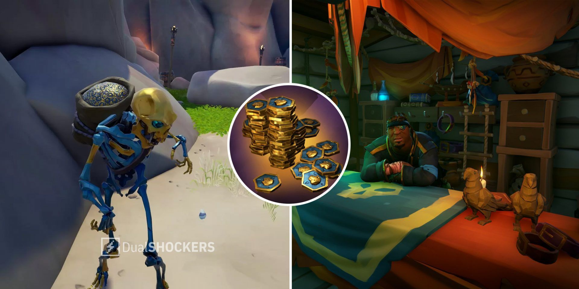 Sea of Thieves Ancient Skeleton on left, ancient coins in middle, Pirate Emporium on right