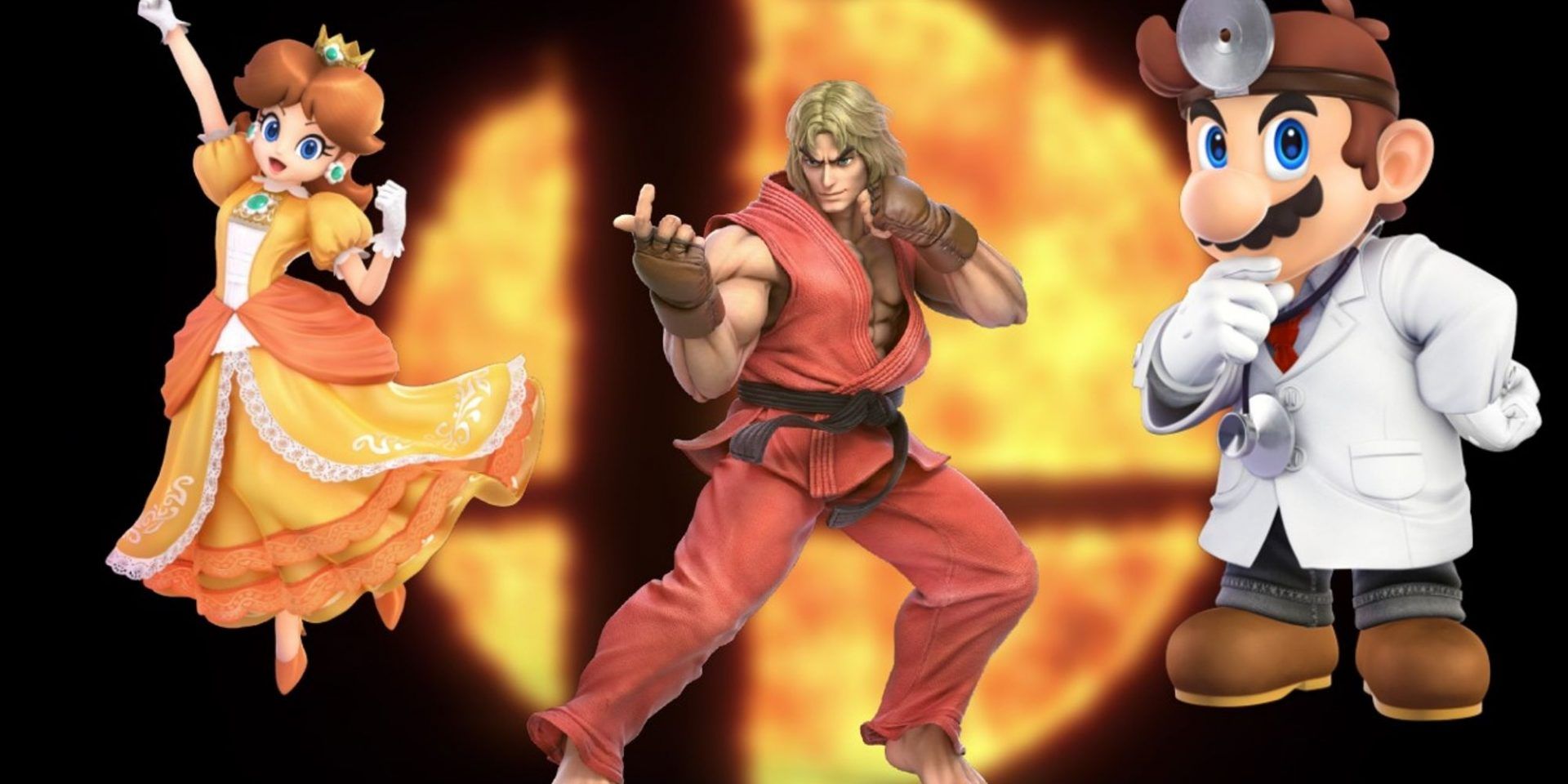 The character renders for Daisy, Ken, and Dr, Mario in front of an image of the fiert Smash logo of Super Smash Bros. Ultimate.