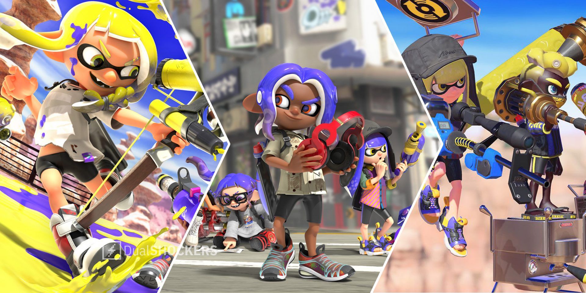 Splatoon 3 characters with various weapons