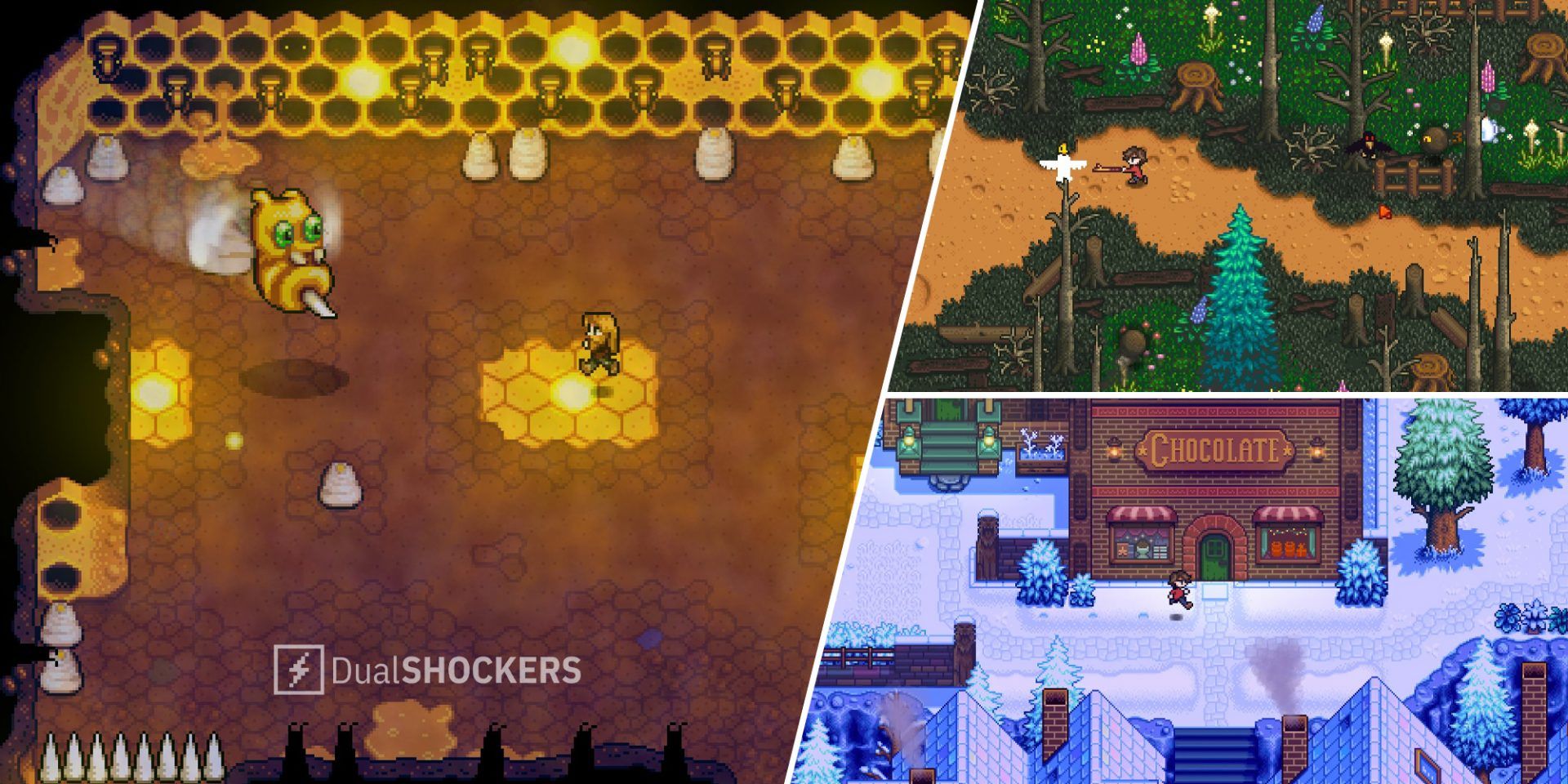 Haunted Chocolatier bee boss on left, player in forest on top right, player in snow in front of chocolate shop on bottom right