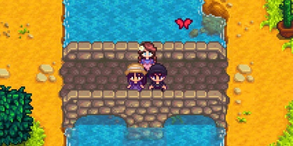 Stardew Valley farmer stands with their two children on a bridge.