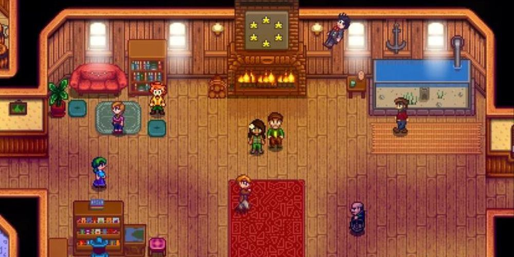 Stardew Valley farmer stands with Lewis in the Community Center.