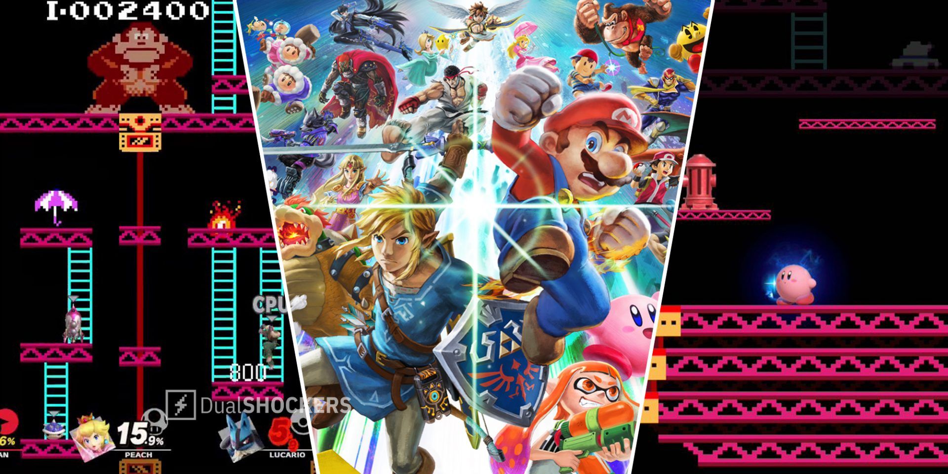 Super Smash Bros Ultimate The 75m stage on left and right, Super Smash Bros Ultimate promo image in middle