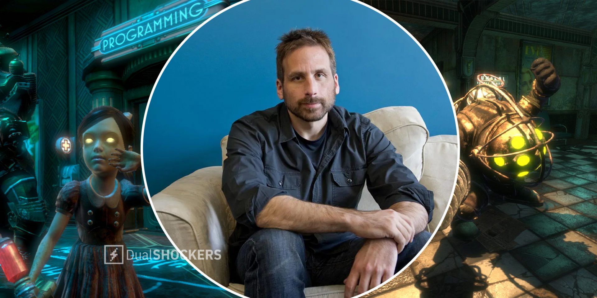 Bioshock Little Sister on left, Ken Levine in middle, Big Daddy on right