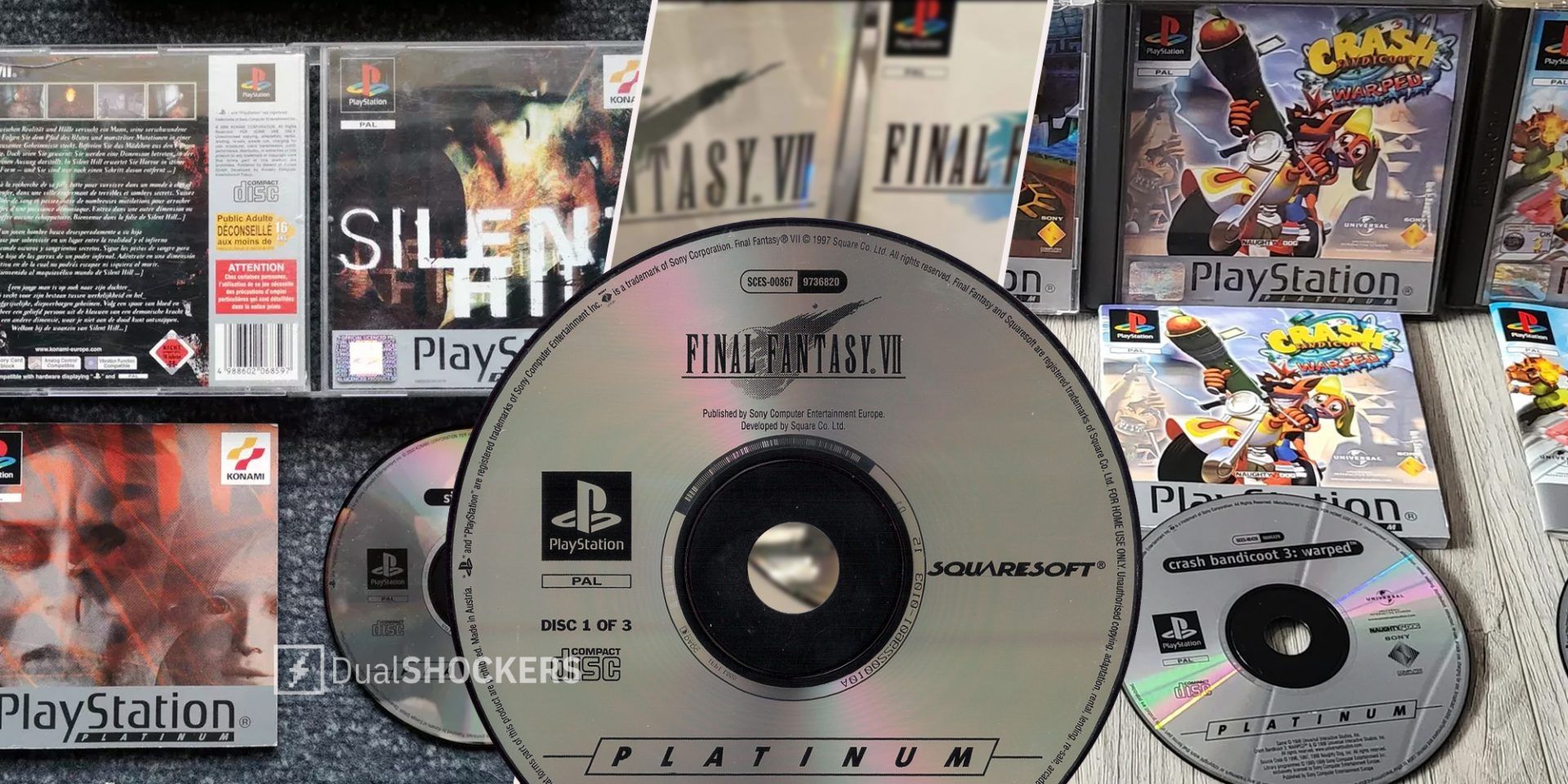 Playstation 1 Silent Hill Platinum Collection on left, Final Fantasy VII in middle, Crash Bandicoot games on right