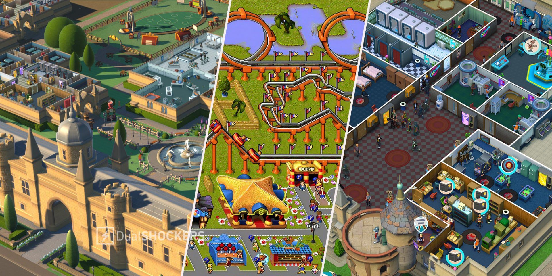 Two Point Campus on left and right, Theme Park by Bullfrog in middle