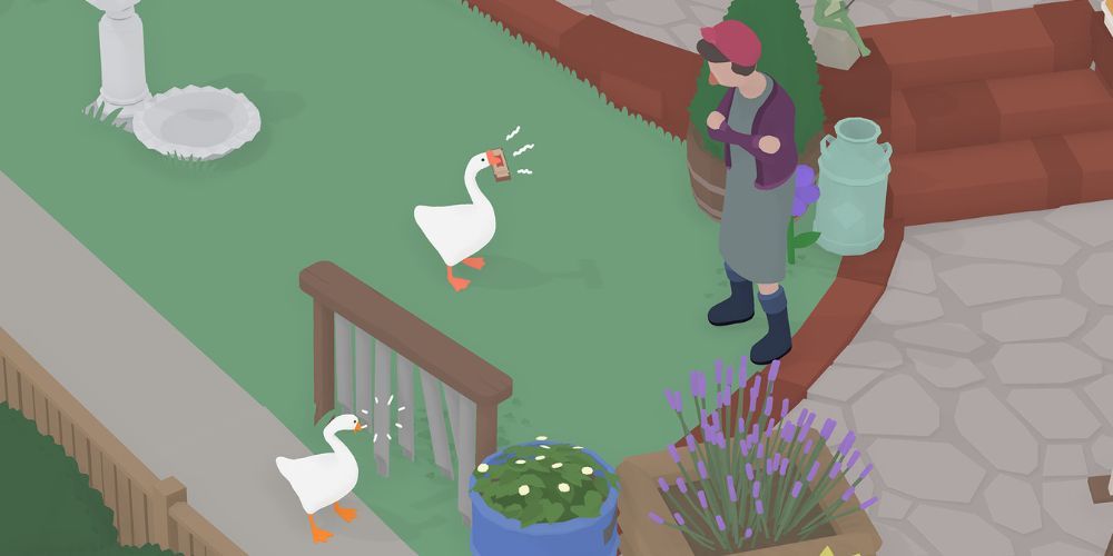 Untitled Goose Game geese play music for an NPC.