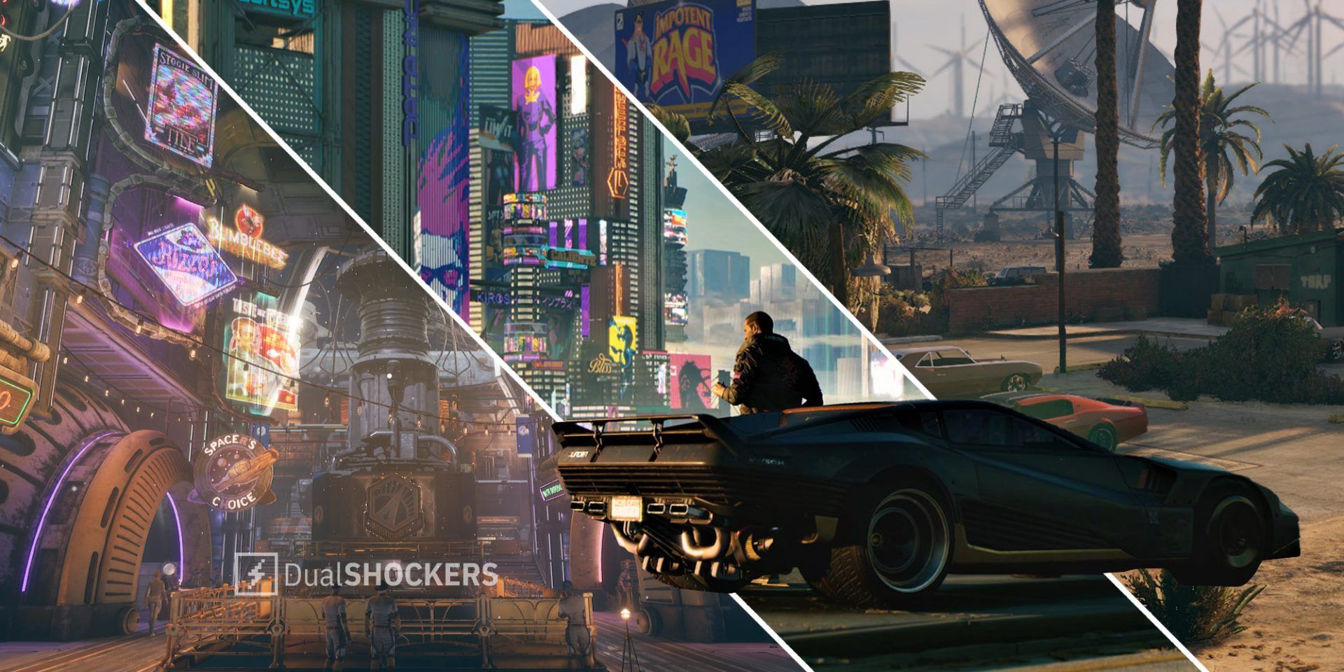 The Outer Worlds advertising on left, Cyberpunk 2077 ads in Night City, Grand Theft Auto 5 billboard on right