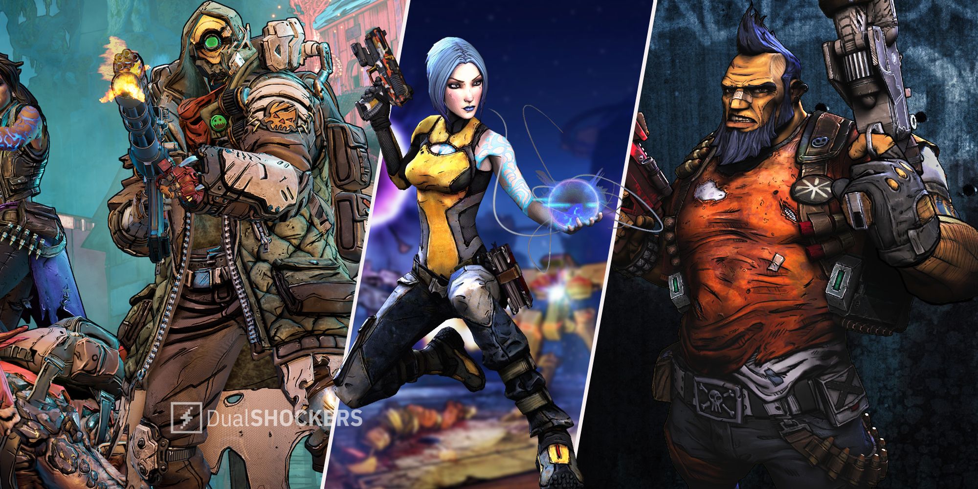 Flak from Borderlands 3 on left, Maya from Borderlands 2 in middle, Salvador from Borderlands 2 on right