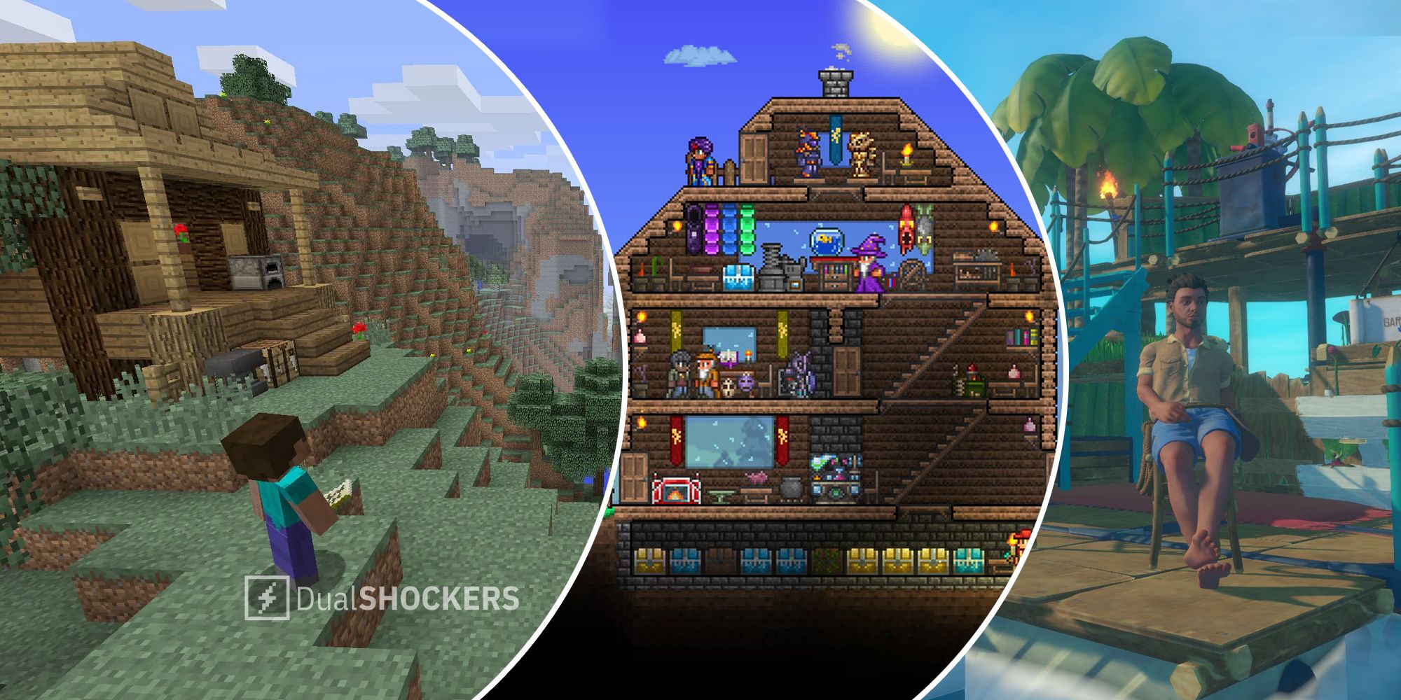Minecraft on left, Terraria in middle, Raft on right