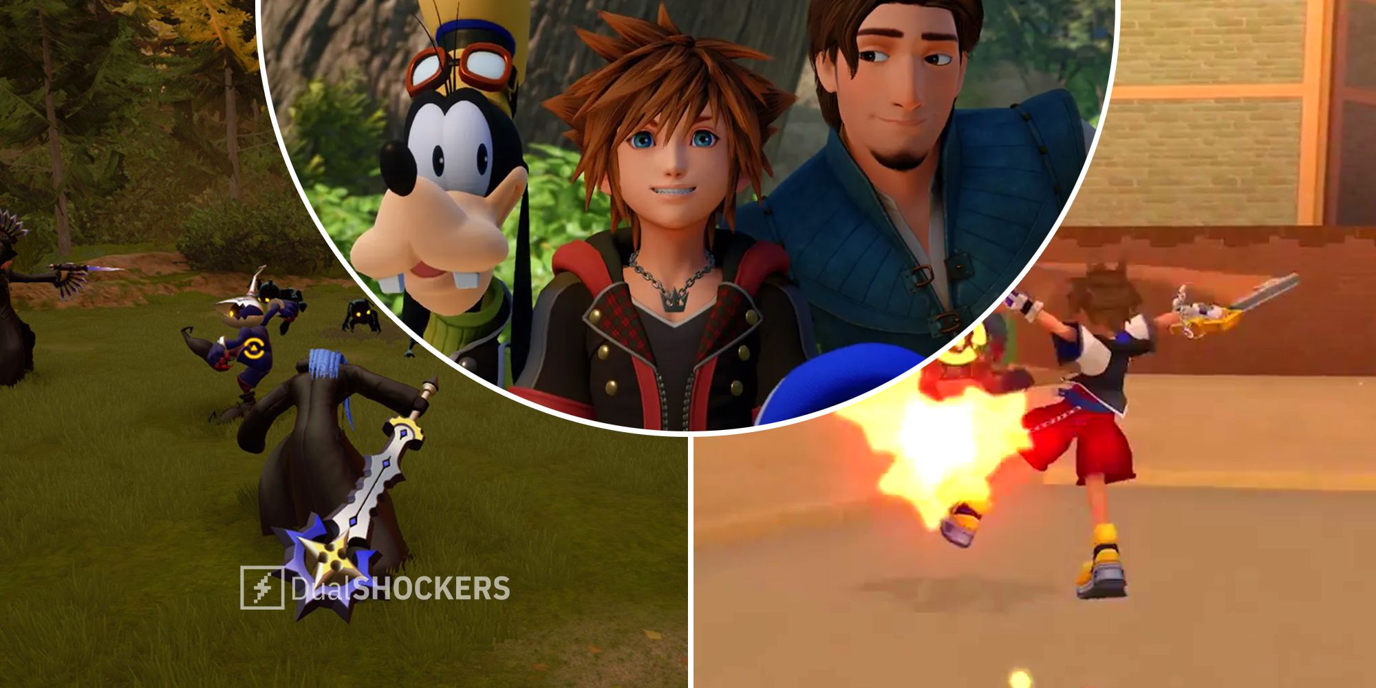 Kingdom Hearts 358/2 Days à esquerda, Kingdom Hearts 3 no meio, Kingdom Hearts: Re: Chain of Memories à direita