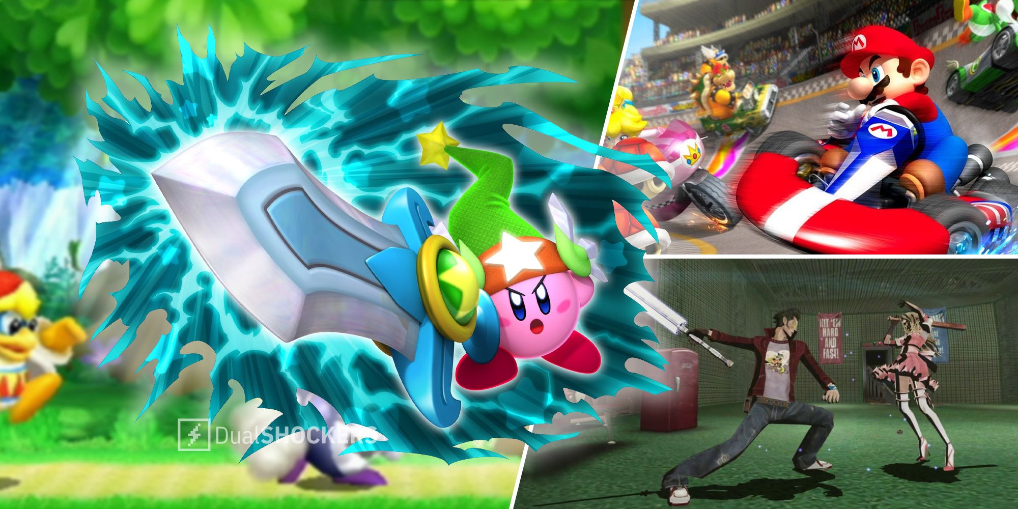 Kirby's Return To Dream Land on left, Mario Kart Wii on top right, No More Heroes on bottom right