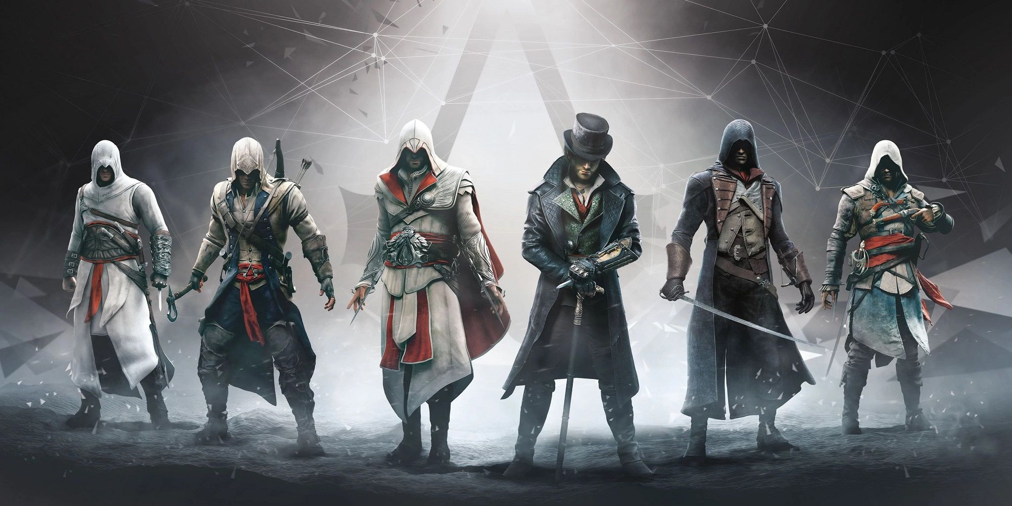 6 Assassin's Creed Protagonists Standing Side By Side With Faces Covered Holding Weapons