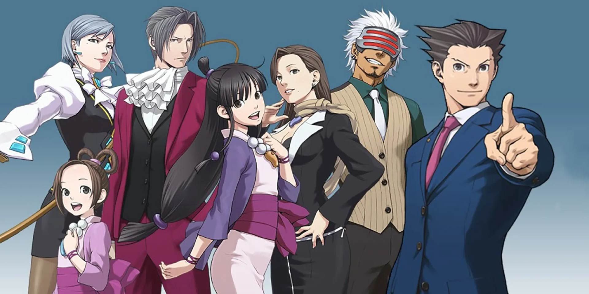Iconic characters from the original Ace Attorney trilogy posing together.