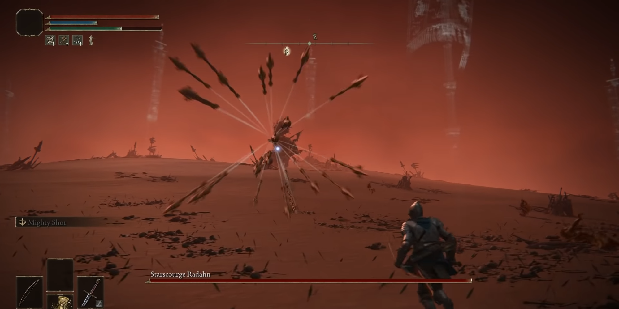This image shows Starscourge Radahn using his Arrow Blast attack in Elden Ring.