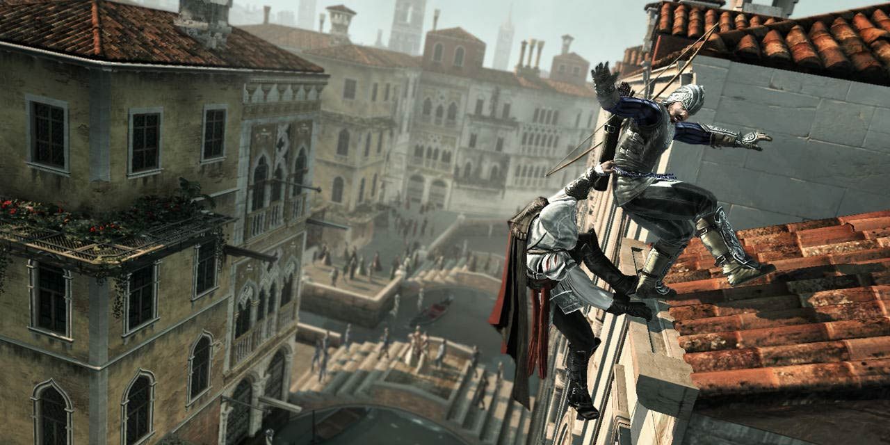 Ezio pulling a guard off a roof in Assassin's Creed 2.