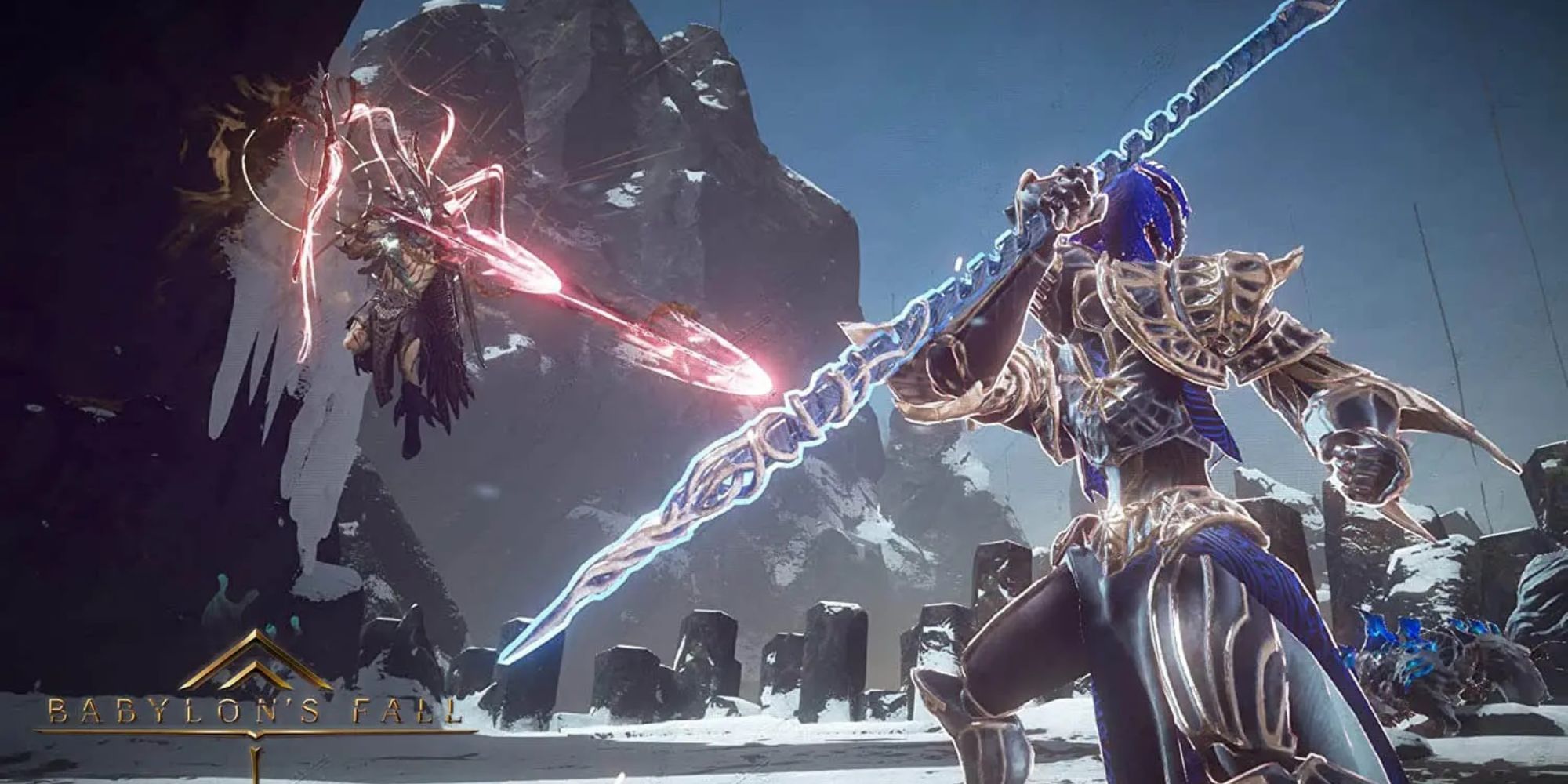 Babylon's Fall Combat Blue And Gold Spear-Wielder In Right Foreground Jumping Archer In Left Background