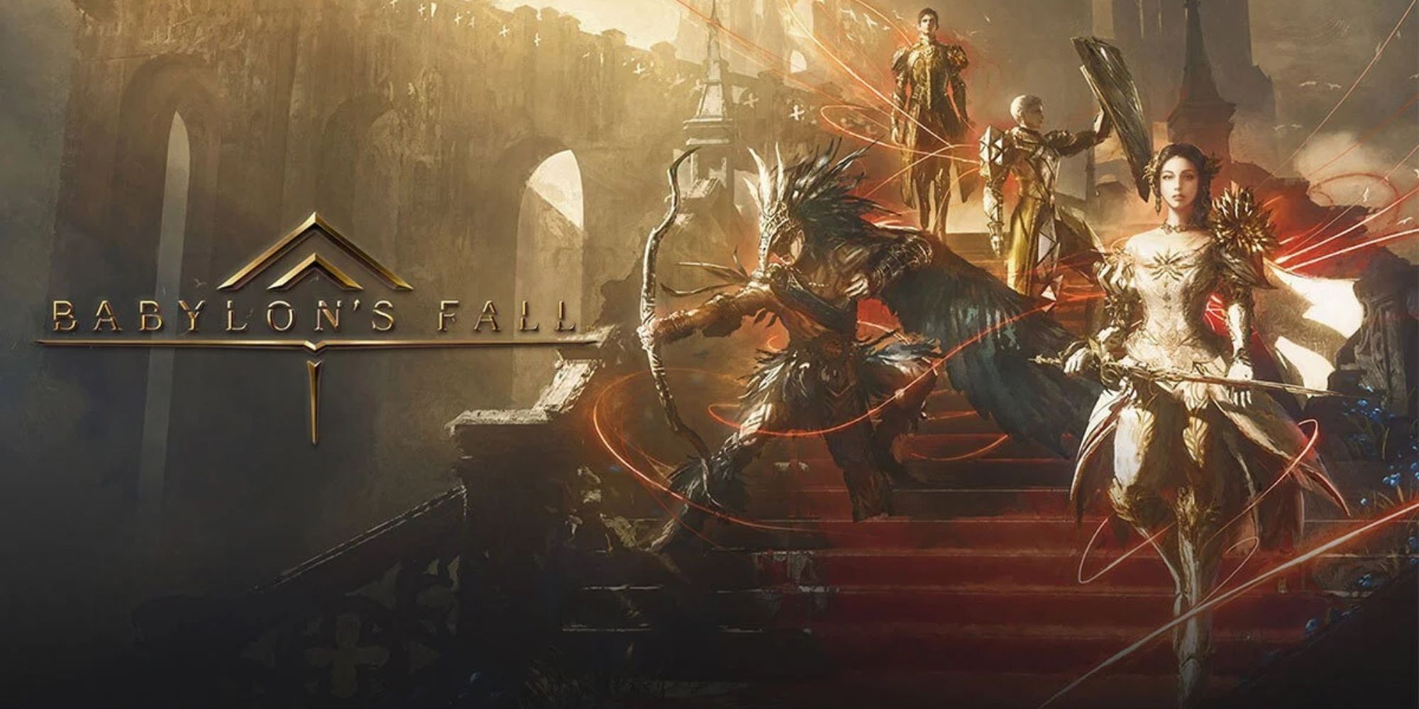 Babylon's Fall Cover Art Four Heroes On Red Staircase