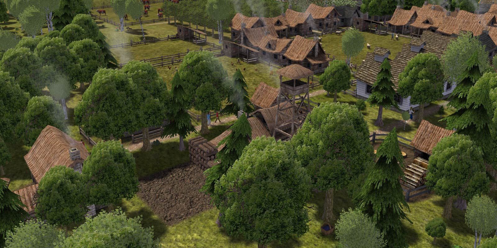 A small settlement in spring or summertime in Banished.