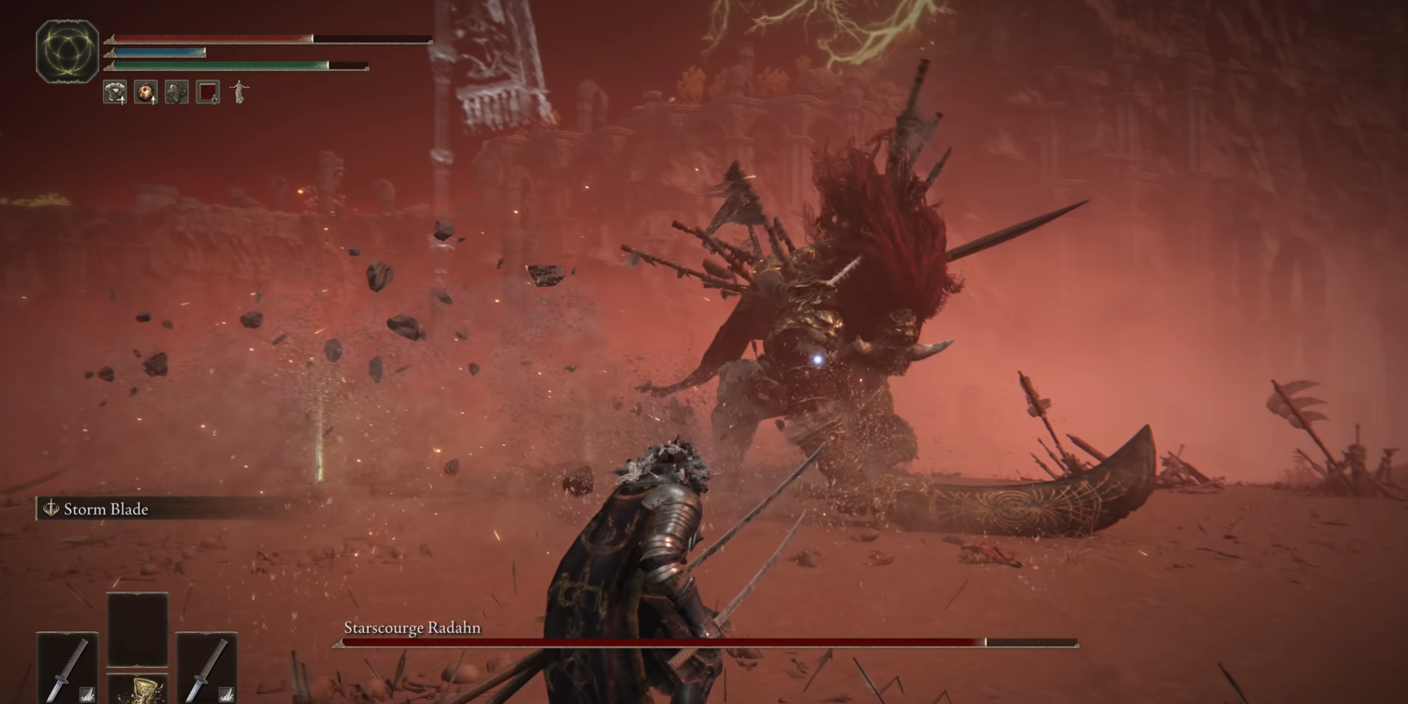 This image shows Starscourge Radahn using his basic attacks in Elden Ring.