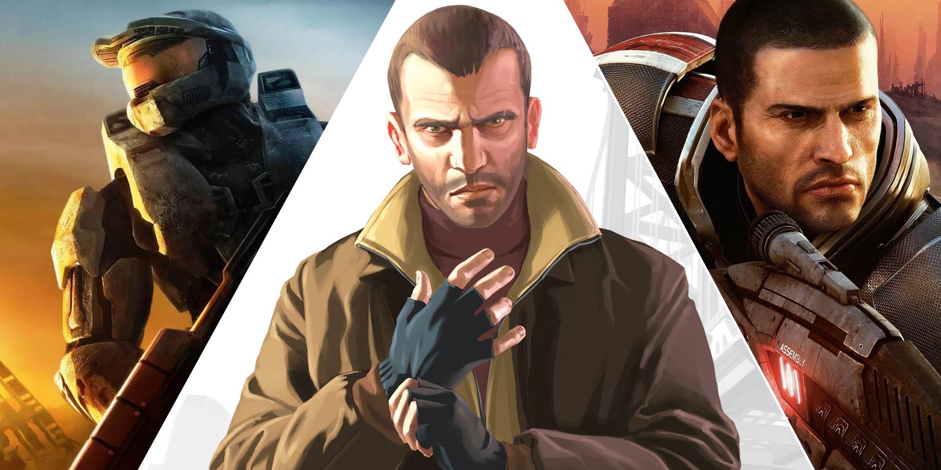 A split image featuring Master Chief from Halo 3 (left), Niko Bellic from GTA IV (middle), and Commander Shepard from Mass Effect (right).
