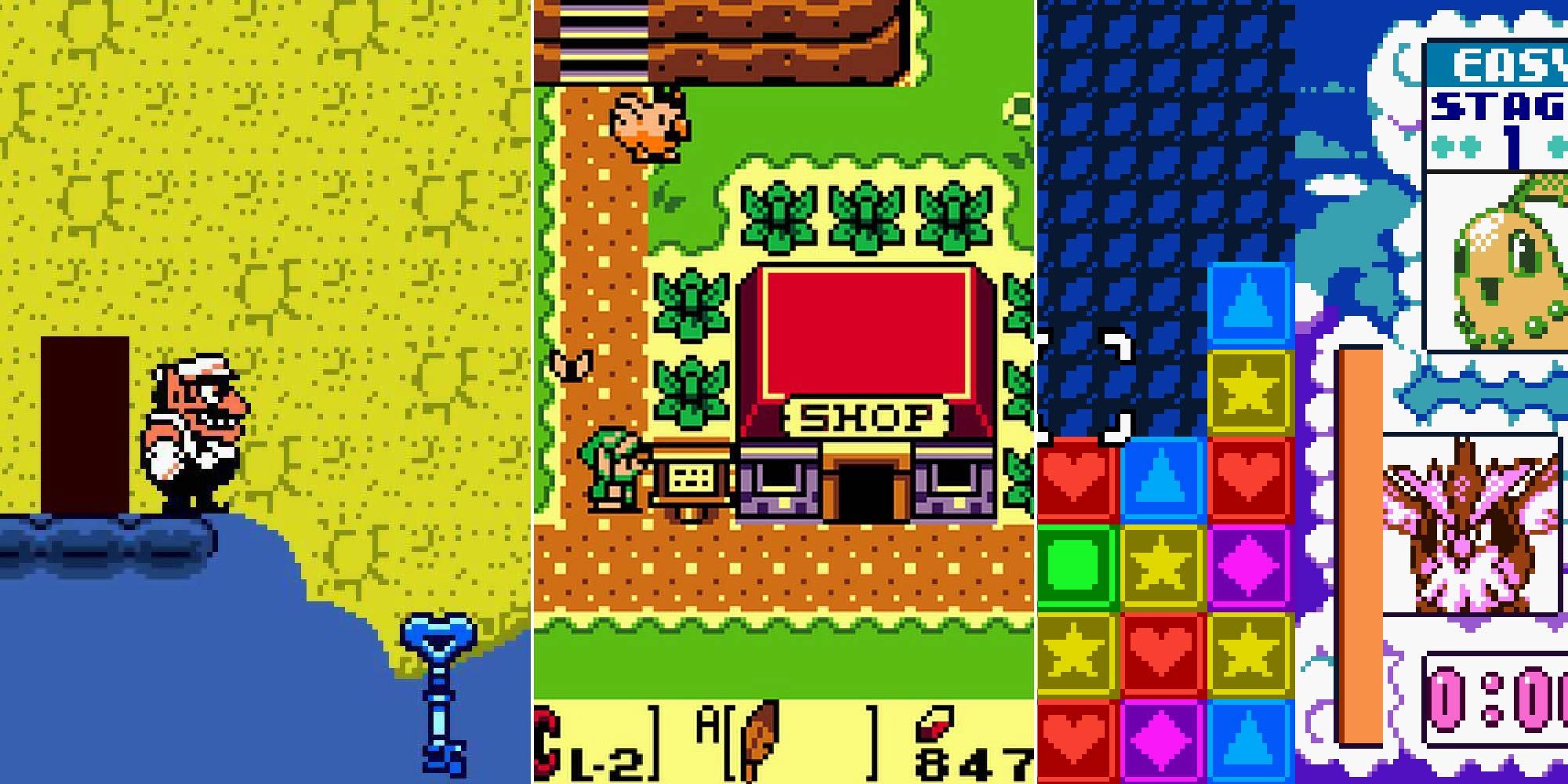 A split image featuring screenshots from Wario Land 3, Link's Awakening DX, and Pokemon Puzzle Challenge.