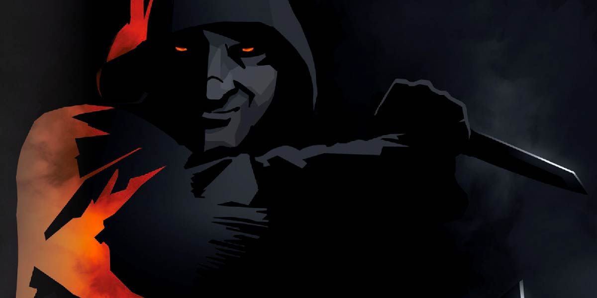 An ambiguous hooded figure, armed with a knife, standing in darkness.
