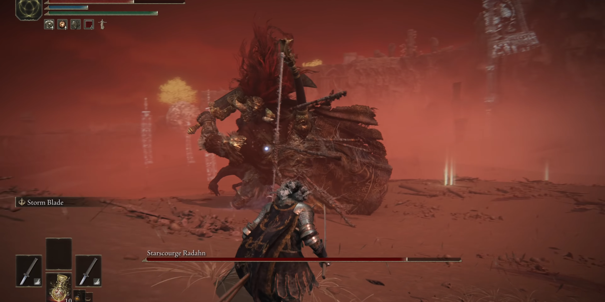This image shows Starscourge Radahn using his charging slash attack in Elden Ring.