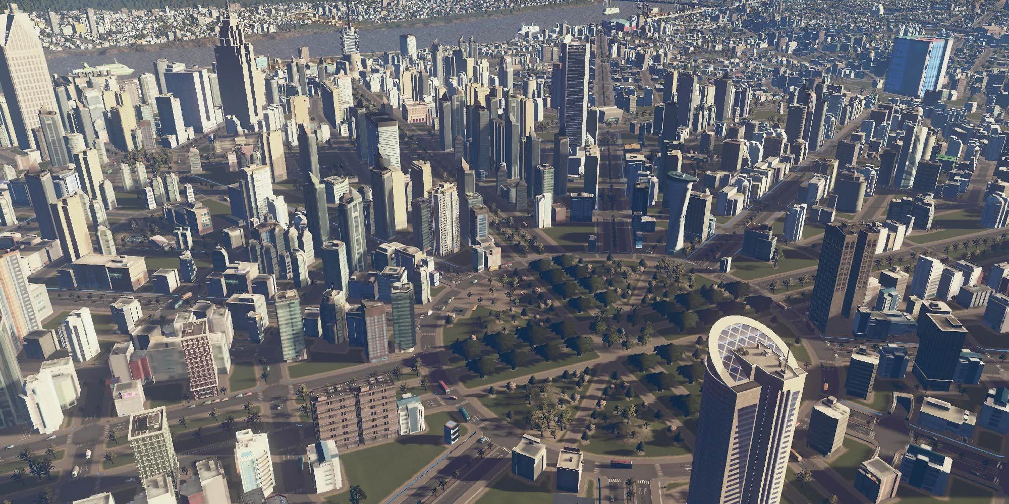 A bustling metropolis in Cities: Skylines.