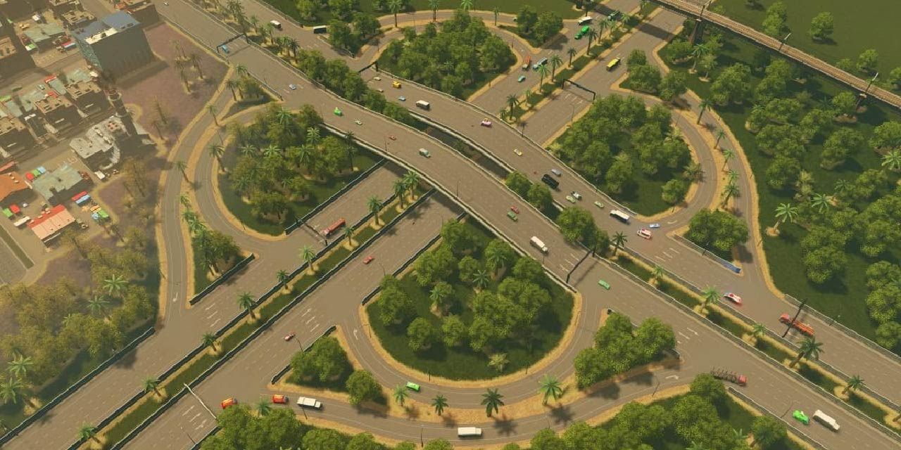 A highway interchange in Cities: Skylines.