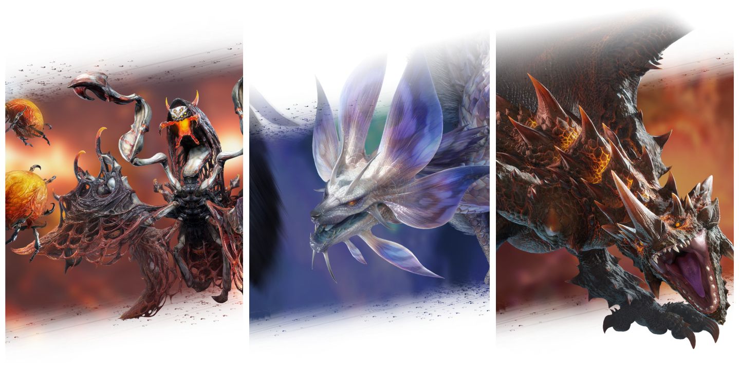 A collage of the Pyre Rakna-Kadaki (left), Violet Mizutsune (middle), and Flaming Espinas (right) rom the official website of Monster Hunter Rise: Sunbreak
