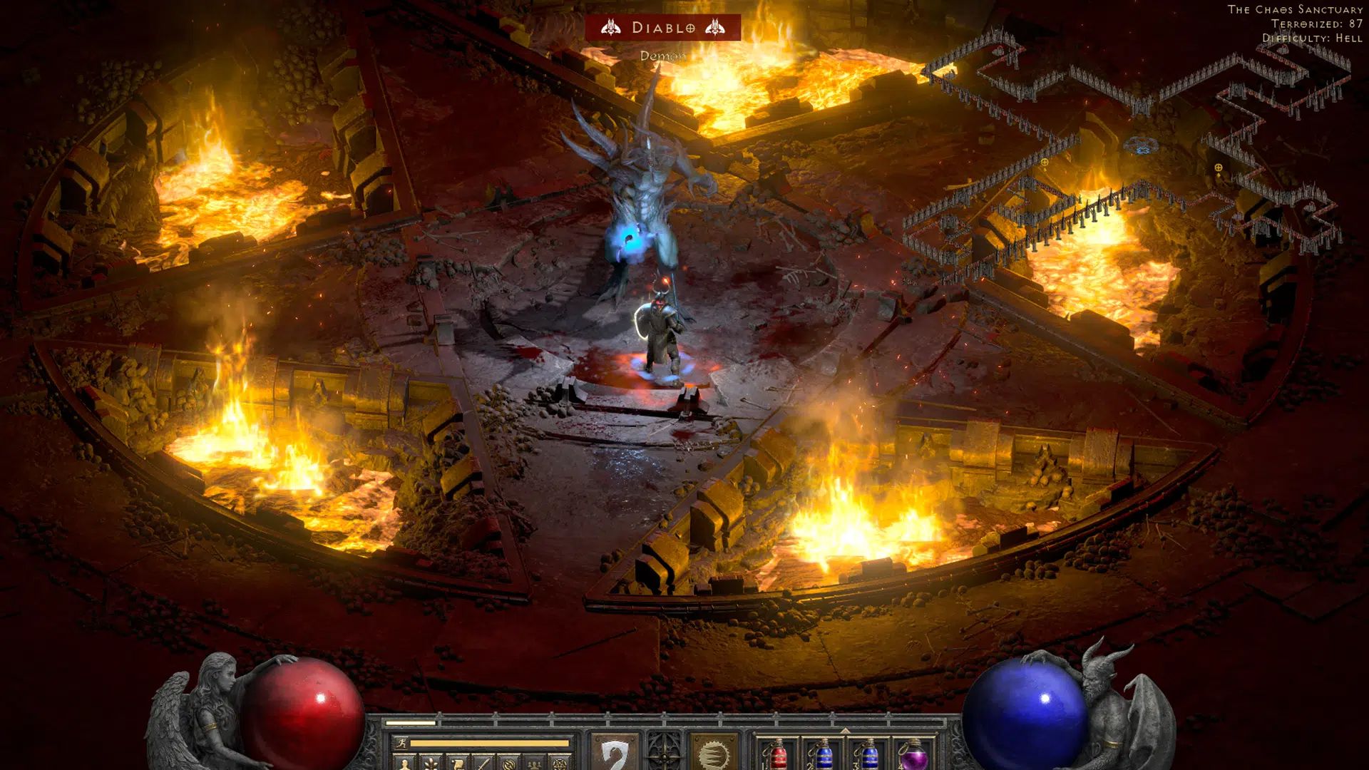Diablo 2 Resurrected Fighting Demon In Flaming Pentagram With HUD