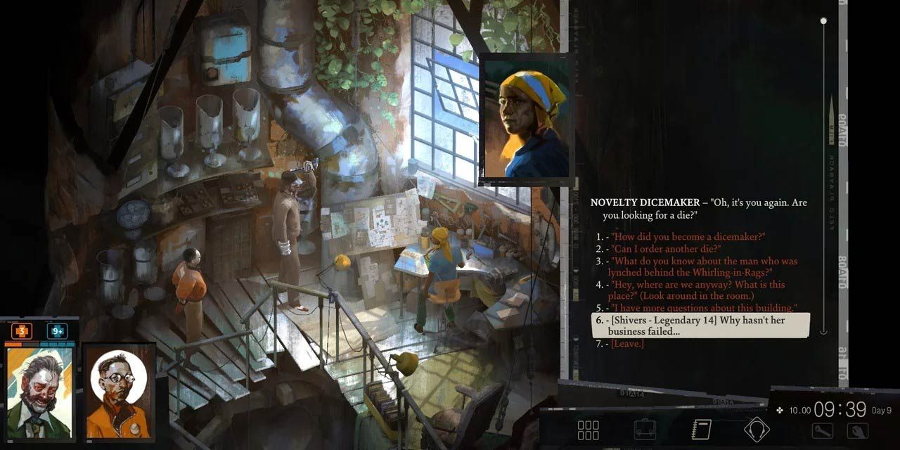 Chatting with the Novelty Dicemaker in her workshop in Disco Elysium.