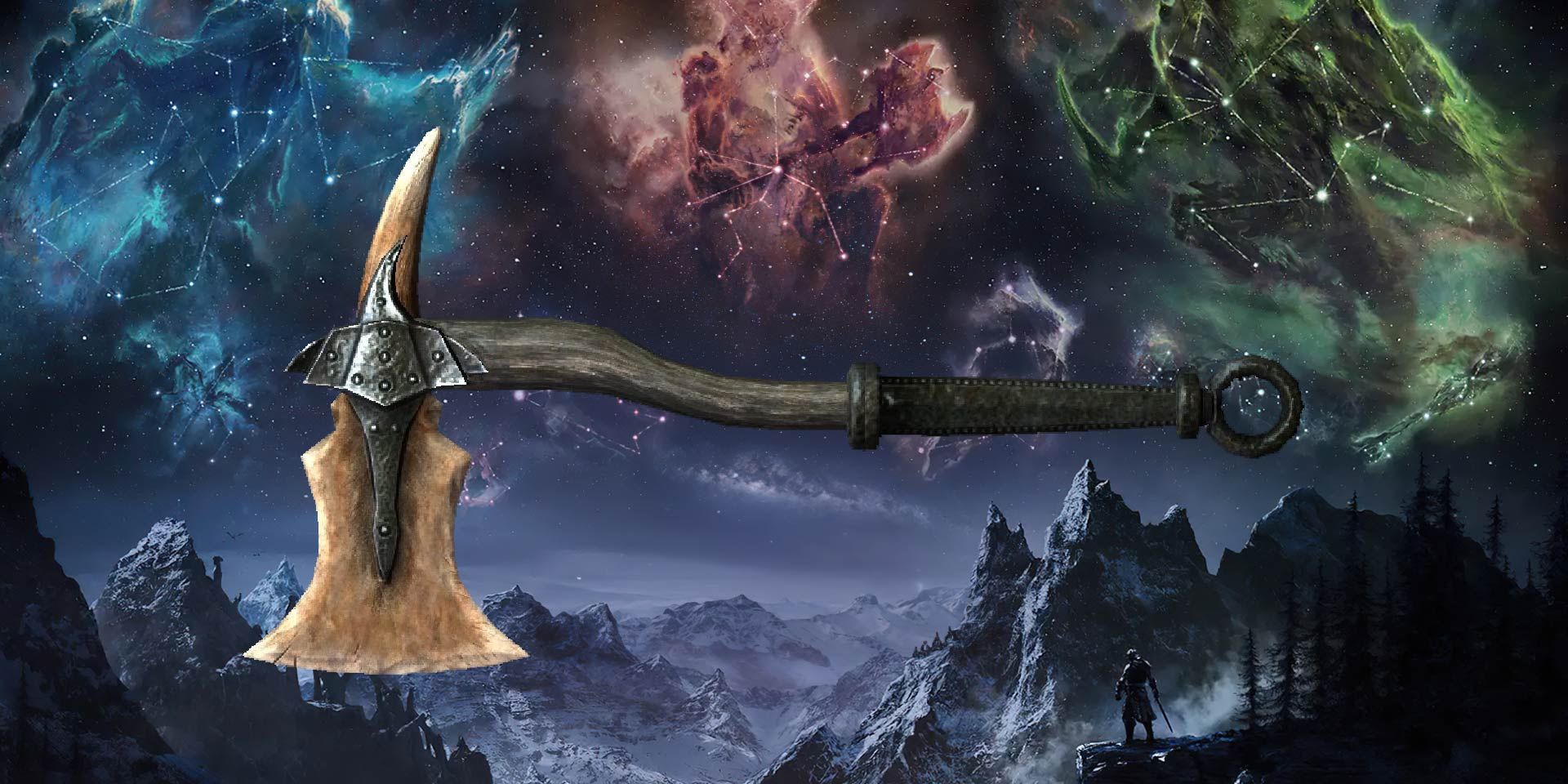 A Dragonbone War Axe among mountains and Elder Scrolls star signs.