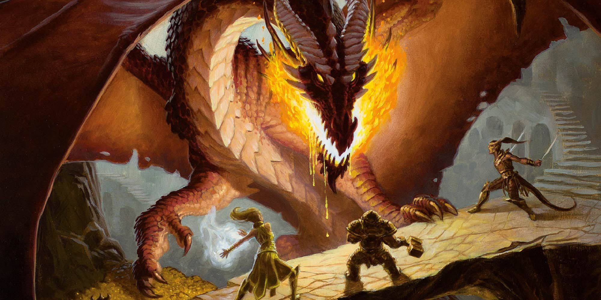 A group of adventurers face off against the fearsome Red Dragon in Dungeons and Dragons.