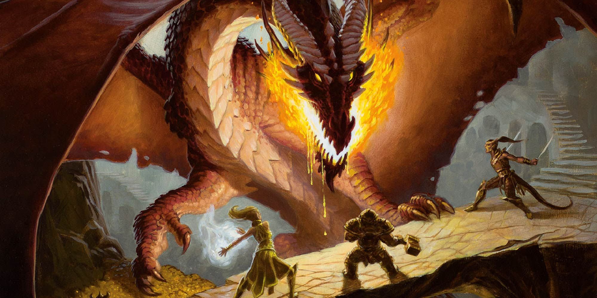 A group of adventurers squaring off against a fearsome red dragon in Dungeons and Dragons.