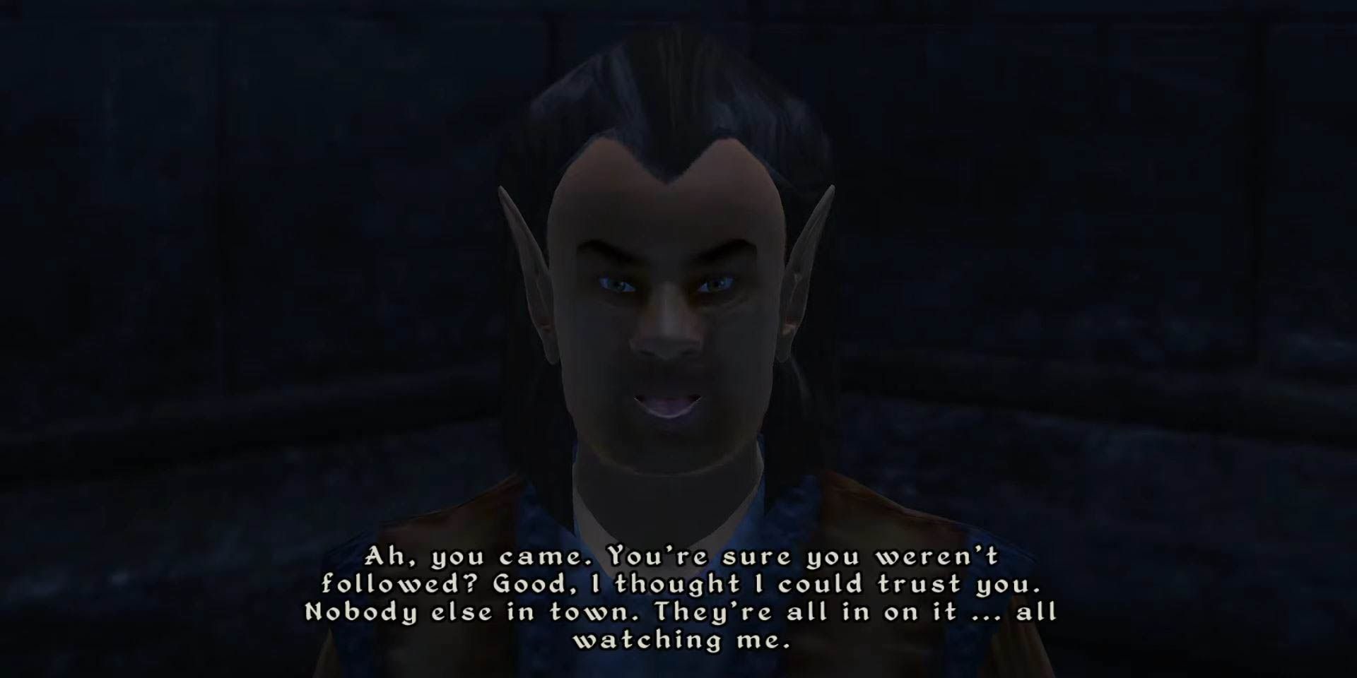 Glarthir, a wood elf in Oblivion, saying "I thought I could trust you. Nobody else in town. They're all in on it. All watching me."