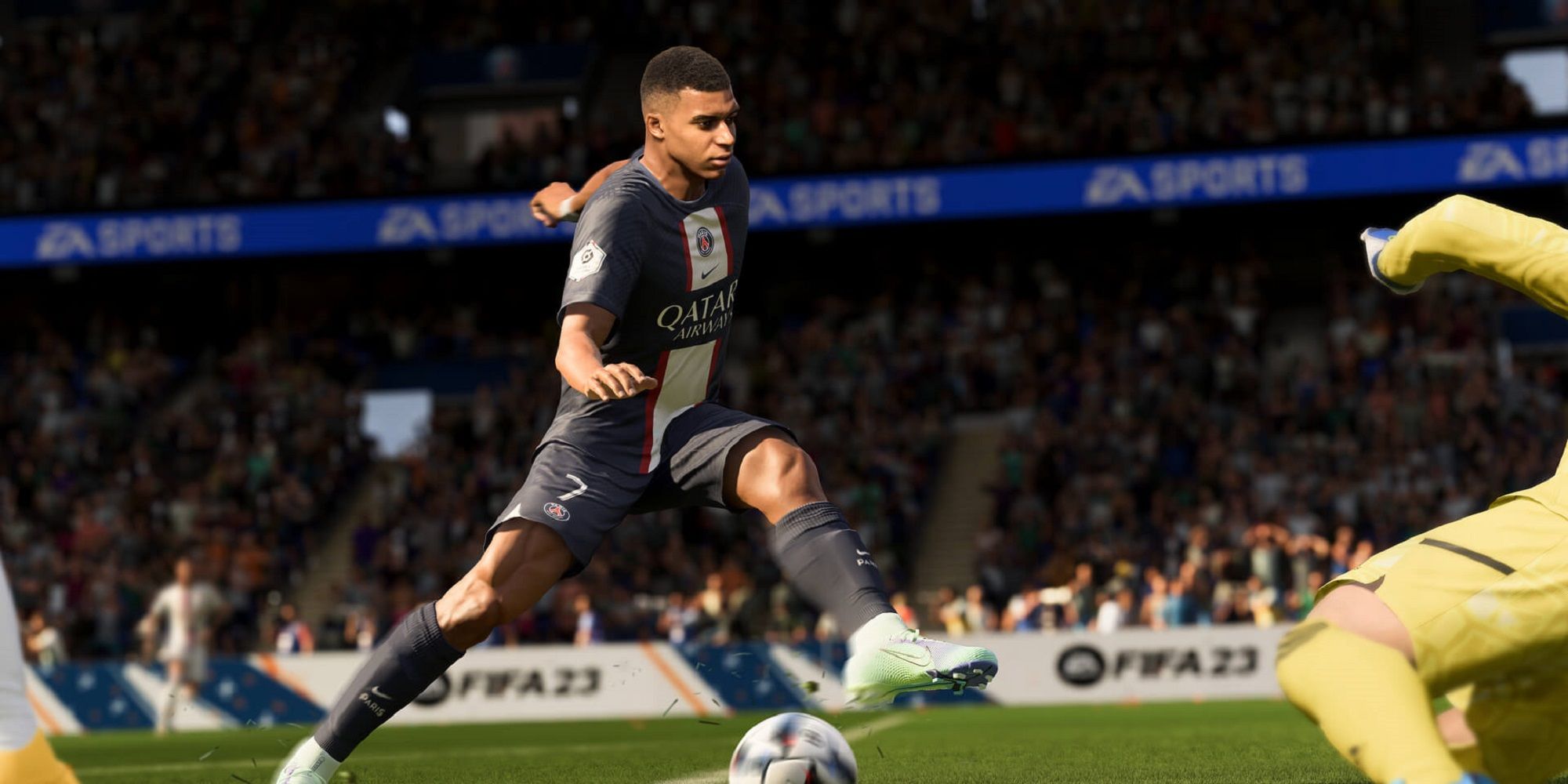 FIFA 23 official screenshot showing Mbappe controlling the ball