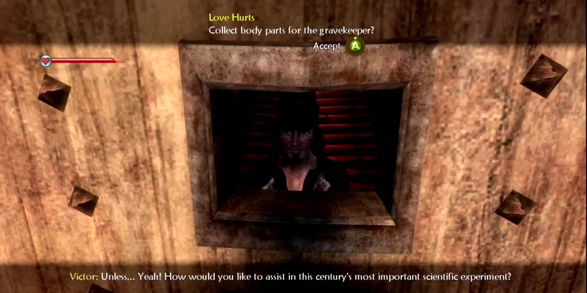 A shady grave keeper propositioning the player in Fable 2 from behind a door.