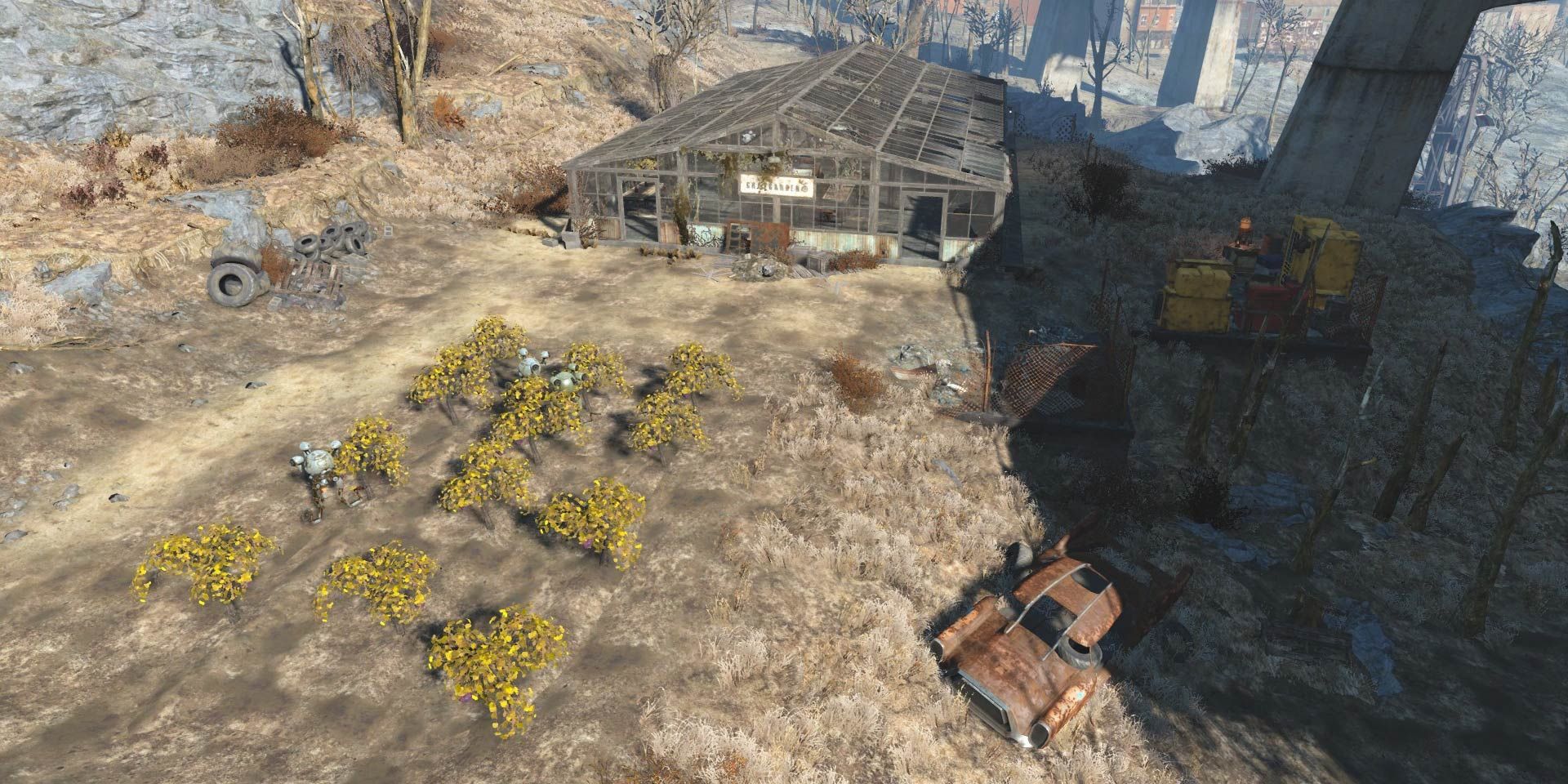 Greygarden in Fallout 4; a small greenhouse run by Mr. Handy robots.