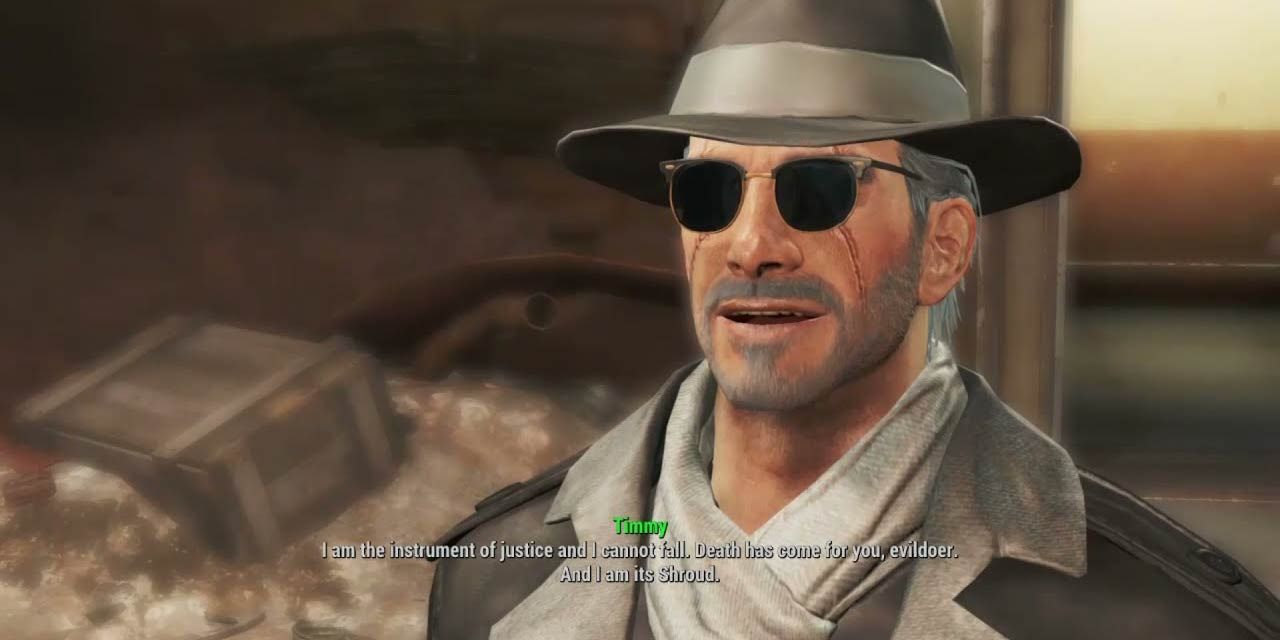The Solve Survivor in Fallout 4 as the Silver Shroud, declaring "Death has come for you evildoer, and I am its Shroud."