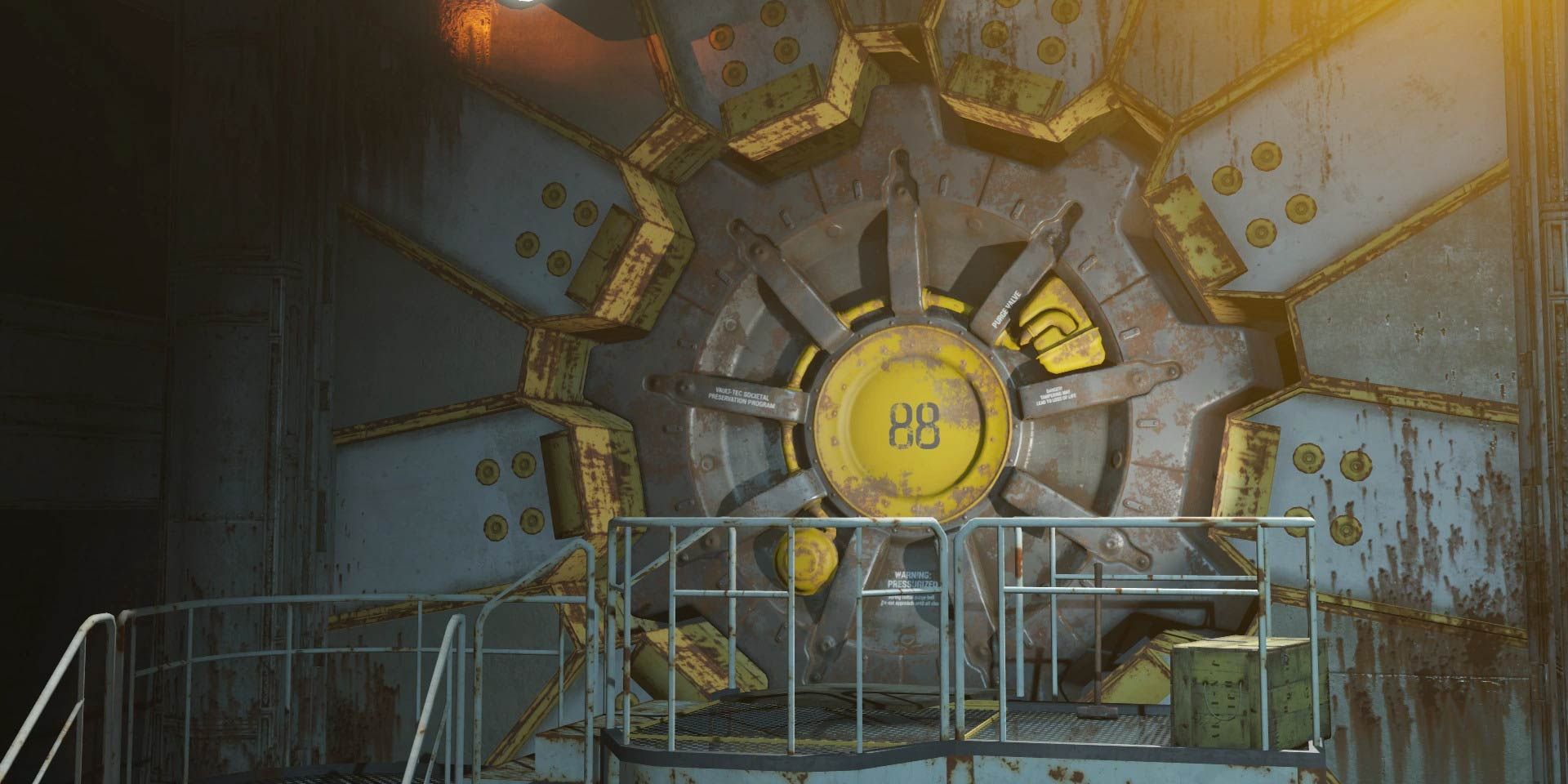 Vault 88 in Fallout 4; a heavy vault door, deep underground.