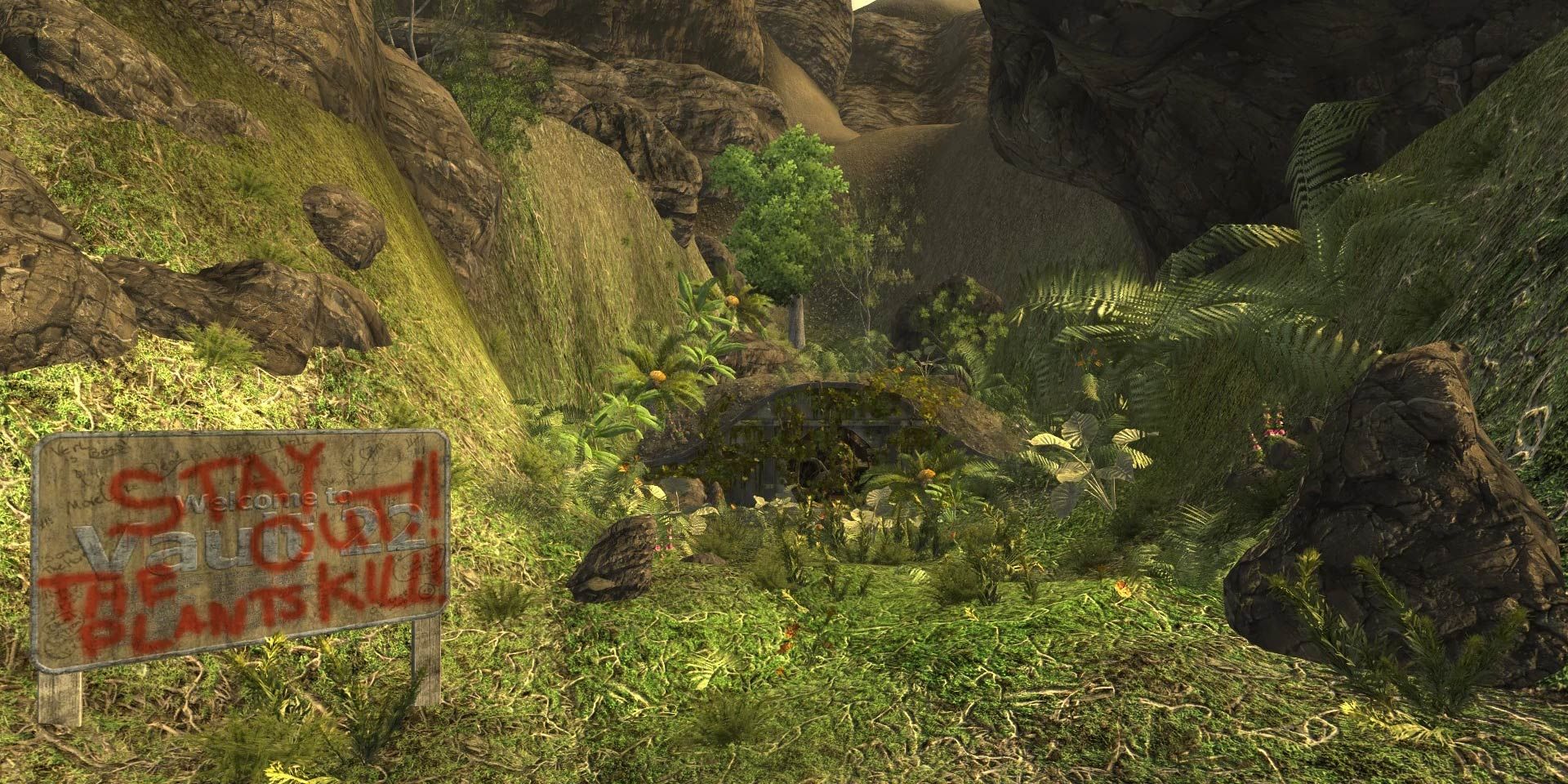 Vault 22 in Fallout: New Vegas; an overgrown vault entrance with a sign warning "Stay out! The plants kill!"