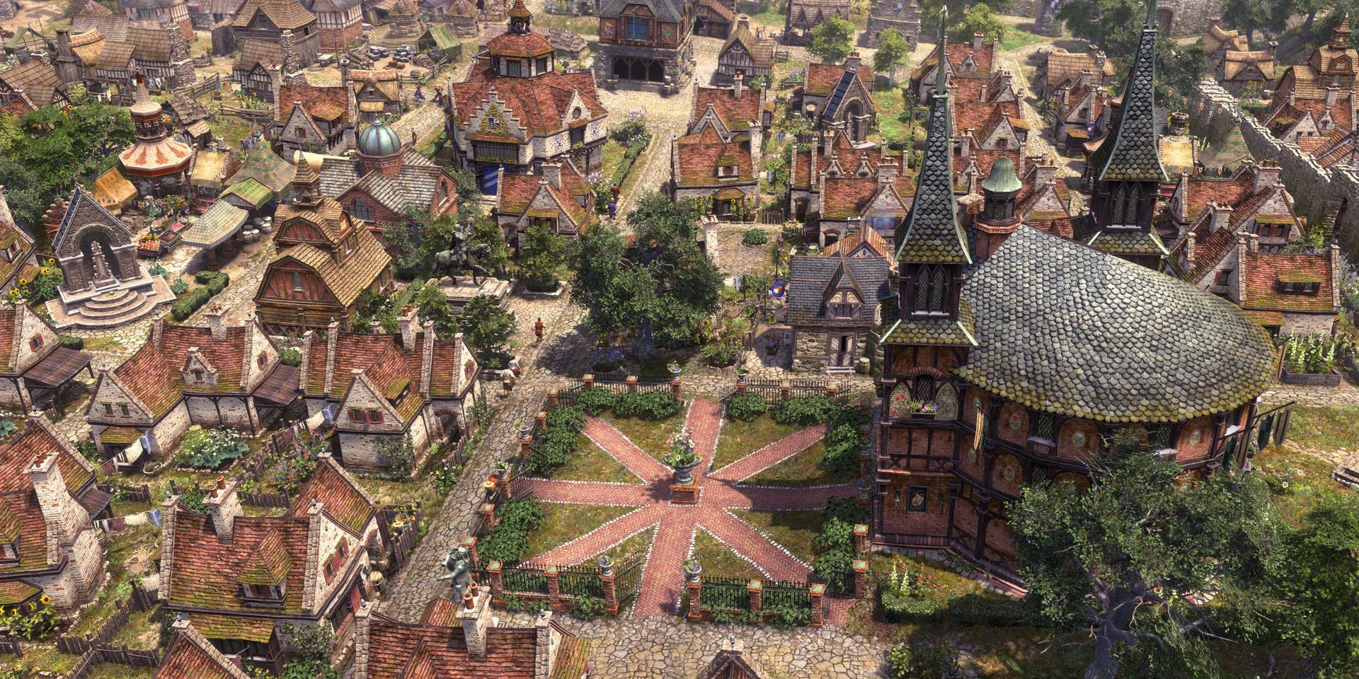 A developed colonial town featuring a town square and large church in Farthest Frontier.